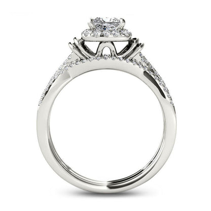 1.0 CT. T.W. Princess-Cut Natural Diamond Frame Multi-Row Three Piece Bridal Engagement Ring Set in Solid 14K White Gold