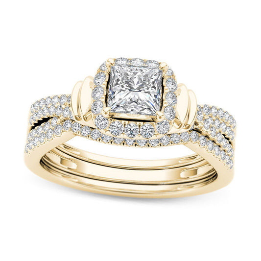 1.0 CT. T.W. Princess-Cut Natural Diamond Frame Multi-Row Three Piece Bridal Engagement Ring Set in Solid 14K Gold