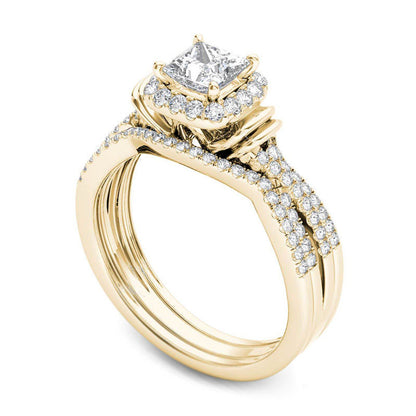 1.0 CT. T.W. Princess-Cut Natural Diamond Frame Multi-Row Three Piece Bridal Engagement Ring Set in Solid 14K Gold