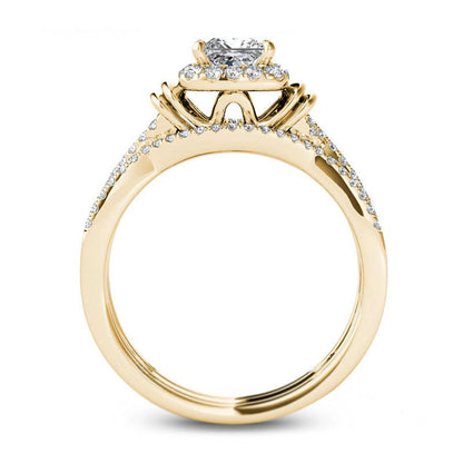 1.0 CT. T.W. Princess-Cut Natural Diamond Frame Multi-Row Three Piece Bridal Engagement Ring Set in Solid 14K Gold