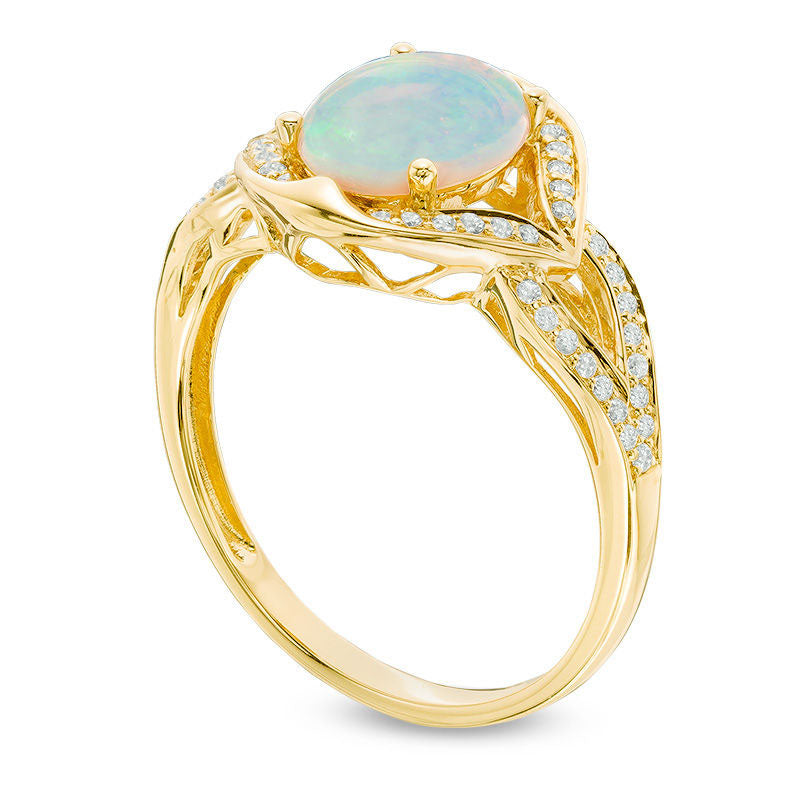 Oval Opal and 0.17 CT. T.W. Natural Diamond Split Shank Ring in Solid 10K Yellow Gold