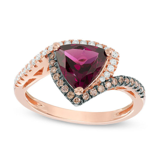 8.0mm Trillion-Cut Rhodolite and 0.25 CT. T.W. Champagne and White Natural Diamond Frame Bypass Ring in Solid 10K Rose Gold