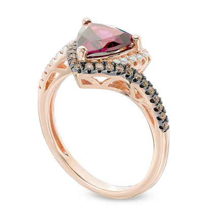 8.0mm Trillion-Cut Rhodolite and 0.25 CT. T.W. Champagne and White Natural Diamond Frame Bypass Ring in Solid 10K Rose Gold
