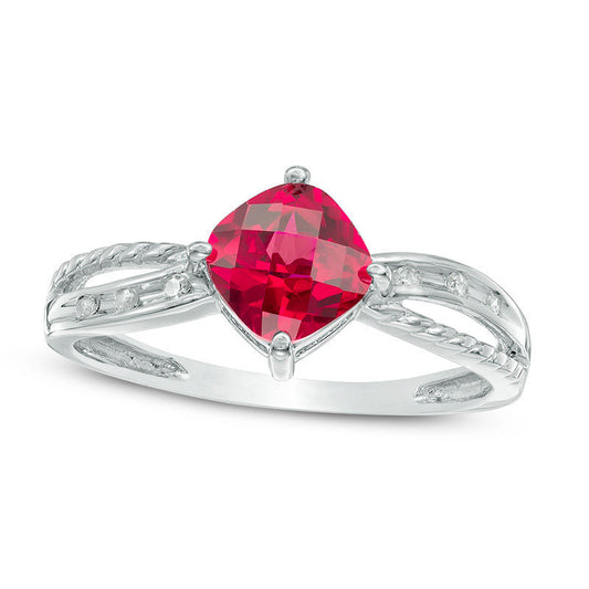 6.0mm Cushion-Cut Lab-Created Ruby and Diamond Accent Rope Ring in Solid 10K White Gold