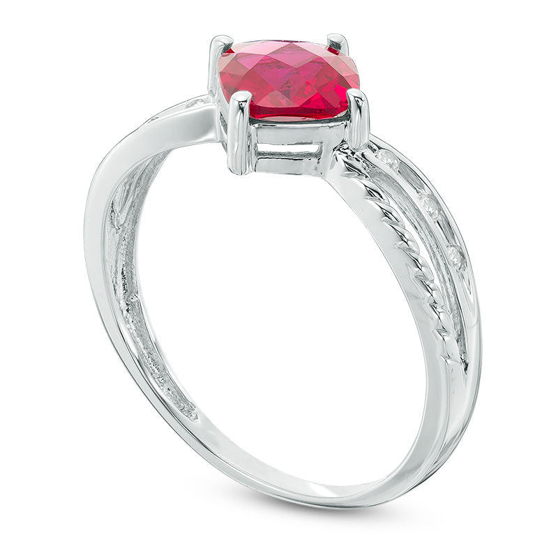 6.0mm Cushion-Cut Lab-Created Ruby and Diamond Accent Rope Ring in Solid 10K White Gold