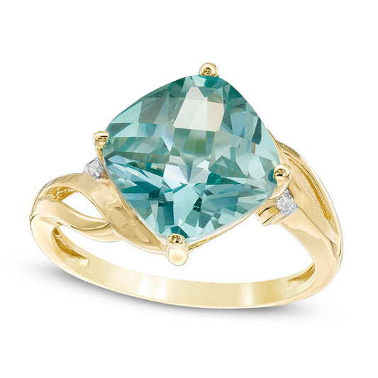 10.0mm Cushion-Cut Lab-Created Green Paraiba Tourmaline and Diamond Accent Ring in Solid 10K Yellow Gold
