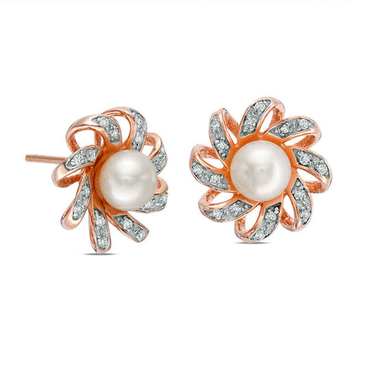 6.0mm Cultured Freshwater Pearl and 0.17 CT. T.W. Diamond Pinwheel Stud Earrings in 10K Rose Gold
