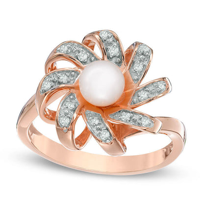 6.0mm Cultured Freshwater Pearl and 0.10 CT. T.W. Natural Diamond Pinwheel Ring in Solid 10K Rose Gold