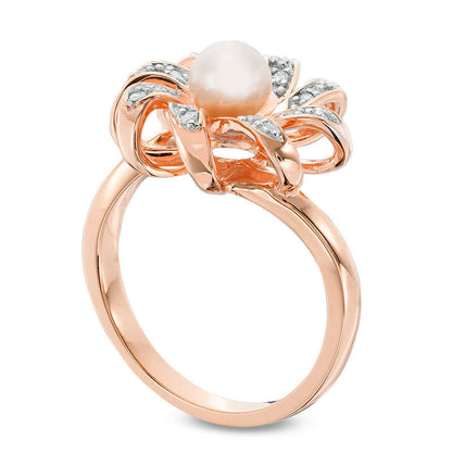 6.0mm Cultured Freshwater Pearl and 0.10 CT. T.W. Natural Diamond Pinwheel Ring in Solid 10K Rose Gold
