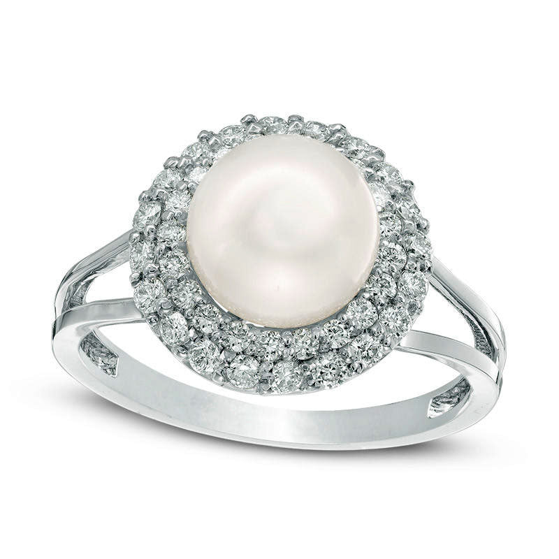 8.0mm Cultured Freshwater Pearl and 0.50 CT. T.W. Natural Diamond Double Frame Ring in Solid 10K White Gold