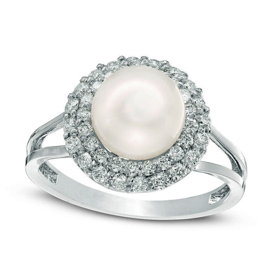 8.0mm Cultured Freshwater Pearl and 0.50 CT. T.W. Natural Diamond Double Frame Ring in Solid 10K White Gold