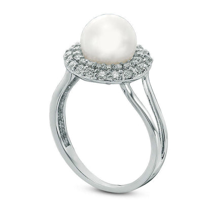 8.0mm Cultured Freshwater Pearl and 0.50 CT. T.W. Natural Diamond Double Frame Ring in Solid 10K White Gold