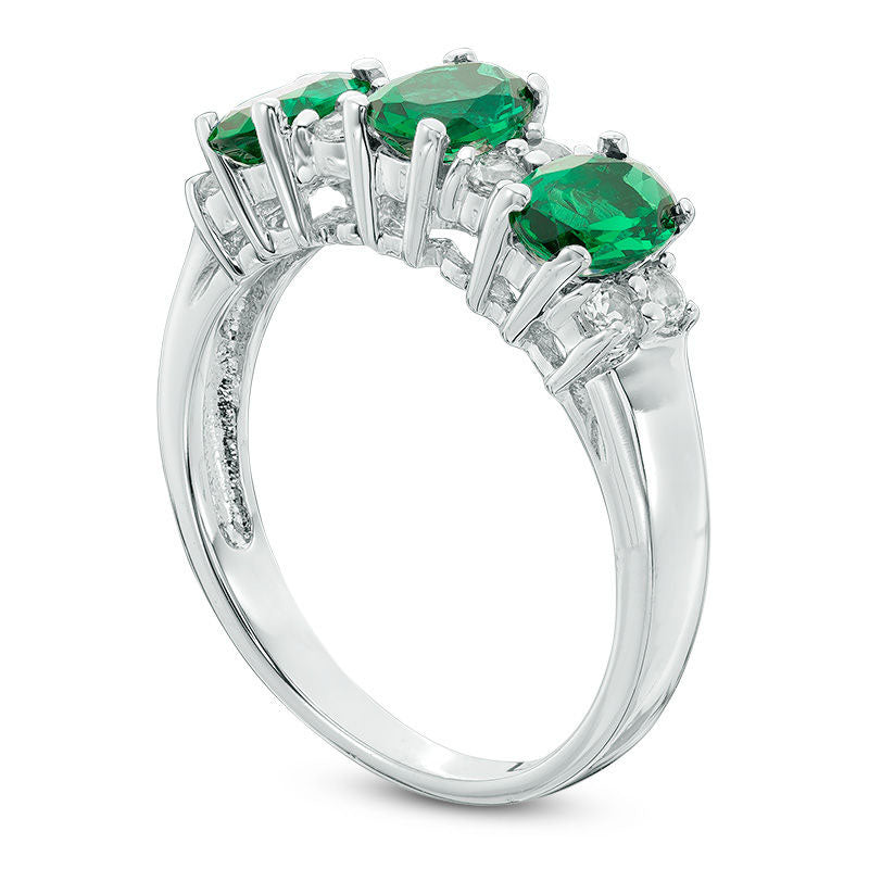 Oval Lab-Created Emerald and White Sapphire Three Stone Ring in Solid 10K White Gold