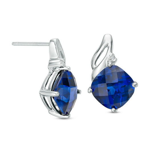 8.0mm Cushion-Cut Lab-Created Blue Sapphire and Diamond Accent Drop Earrings in 10K White Gold