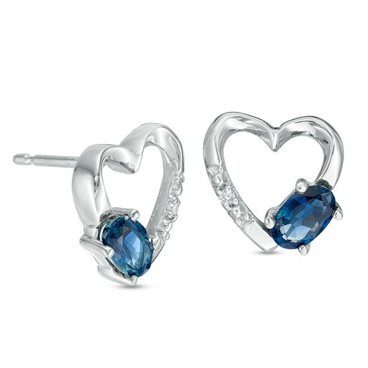 Oval Blue Sapphire and Diamond Accent Heart Stud Earrings in 10K White Gold