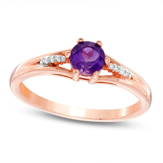 5.0mm Amethyst and Natural Diamond Accent Split Shank Ring in Solid 10K Rose Gold