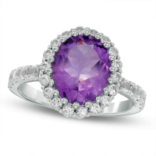 Oval Amethyst and White Topaz Frame Ring in Sterling Silver