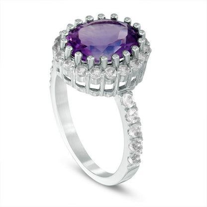 Oval Amethyst and White Topaz Frame Ring in Sterling Silver
