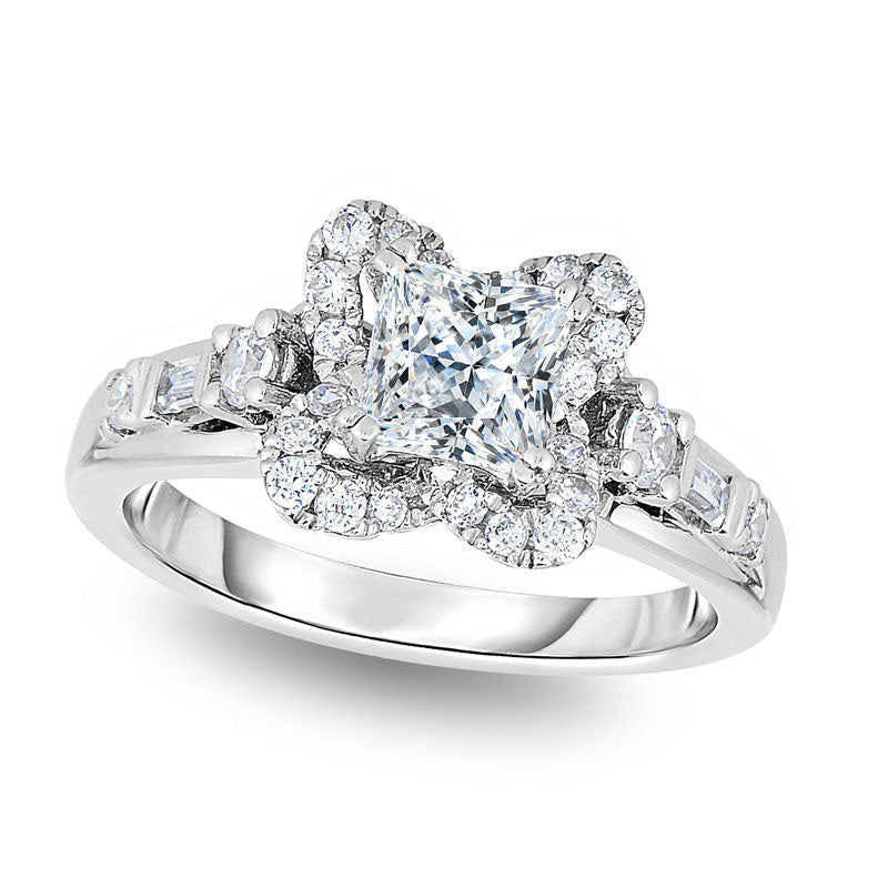 1.5 CT. T.W. Cushion-Cut Natural Diamond Flower Frame Engagement Ring in Solid 14K White Gold