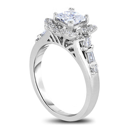 1.5 CT. T.W. Cushion-Cut Natural Diamond Flower Frame Engagement Ring in Solid 14K White Gold