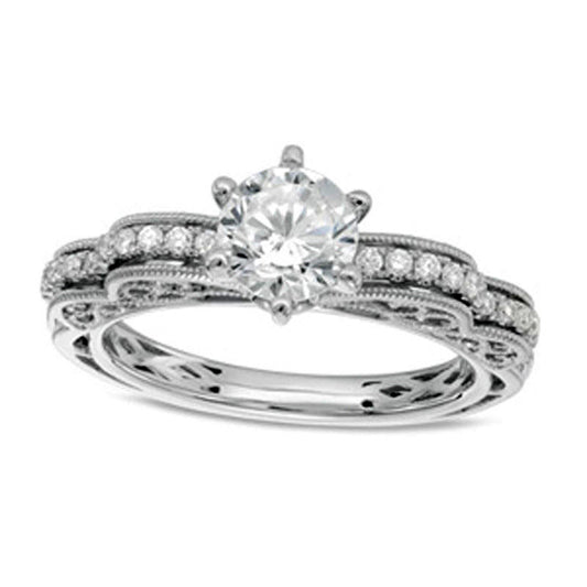 1.13 CT. T.W. Natural Diamond Frame Antique Vintage-Style Engagement Ring in Solid 14K White Gold