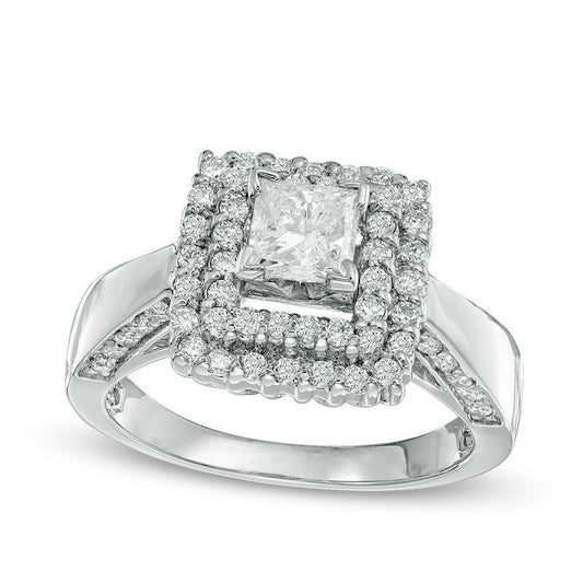 1.25 CT. T.W. Princess-Cut Natural Diamond Double Frame Engagement Ring in Solid 14K White Gold