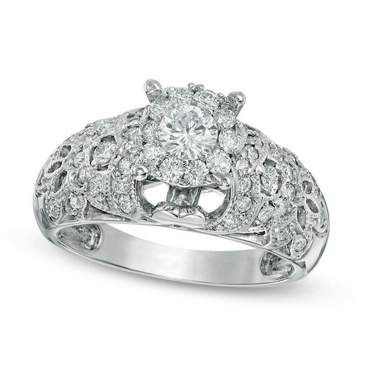 0.88 CT. T.W. Natural Diamond Antique Vintage-Style Dome Engagement Ring in Solid 14K White Gold