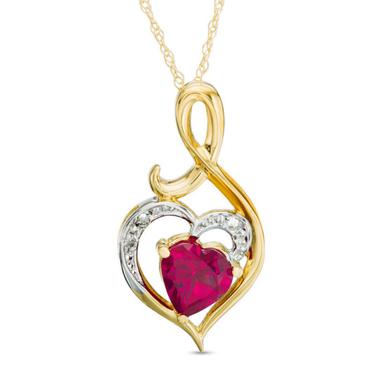 6.0mm Heart-Shaped Lab-Created Ruby and Diamond Accent Pendant in 10K Yellow Gold