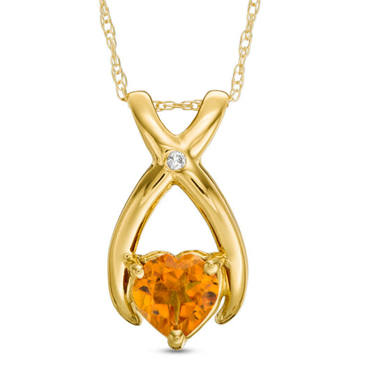 6.0mm Heart-Shaped Citrine and Natural Diamond Accent Wishbone Pendant in 10K Yellow Gold