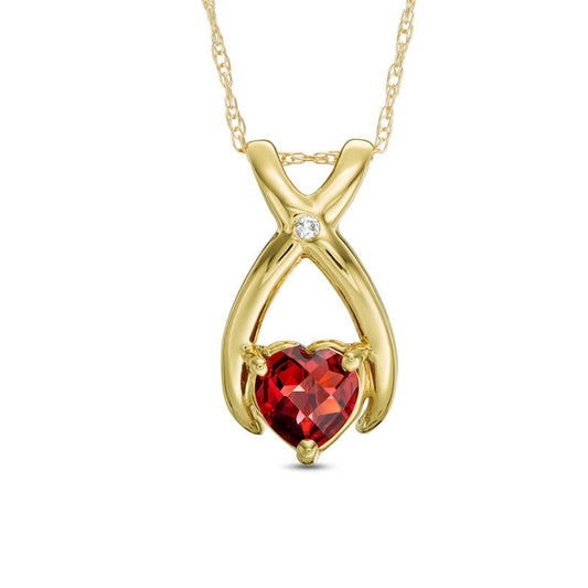 6.0mm Heart-Shaped Garnet and Natural Diamond Accent Wishbone Pendant in 10K Yellow Gold
