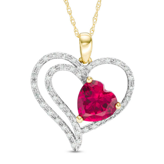 7.0mm Lab-Created Ruby and 0.17 CT. T.W. Diamond Multi-Row Heart Pendant in 10K Yellow Gold