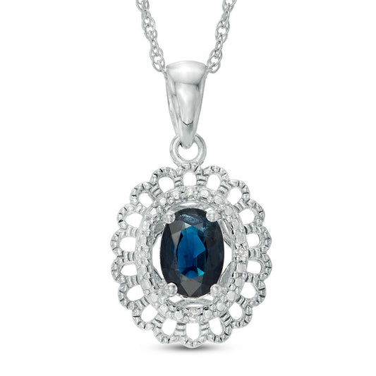 Oval Blue Sapphire and Natural Diamond Accent Scallop Frame Pendant in Sterling Silver