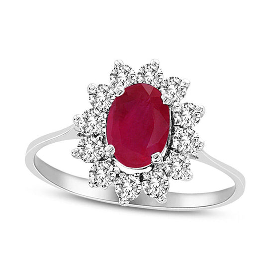 Oval Ruby and 0.50 CT. T.W. Natural Diamond Starburst Frame Ring in Solid 14K White Gold