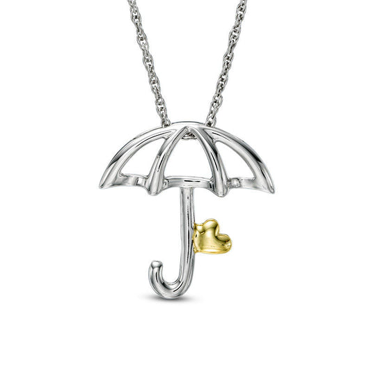Open Umbrella with Tilted Heart Pendant in 10K Two-Tone Gold