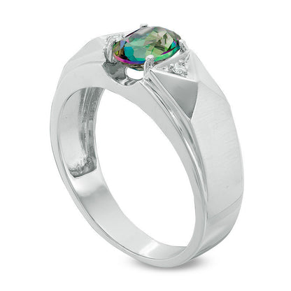 Men's Oval Mystic Fire® Topaz and Natural Diamond Accent Ring in Solid 10K White Gold