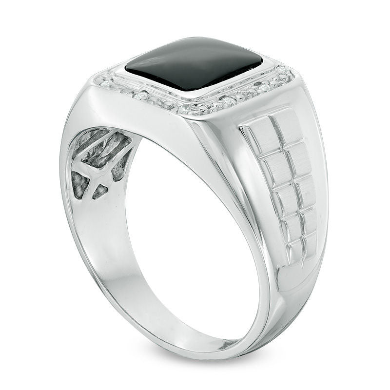 Men's Rectangular Onyx and 0.10 CT. T.W. Natural Diamond Ring in Solid 10K White Gold