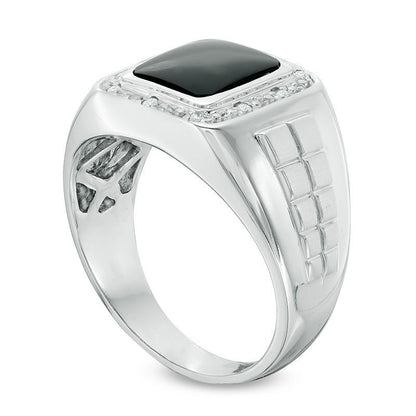 Men's Rectangular Onyx and 0.10 CT. T.W. Natural Diamond Ring in Solid 10K White Gold