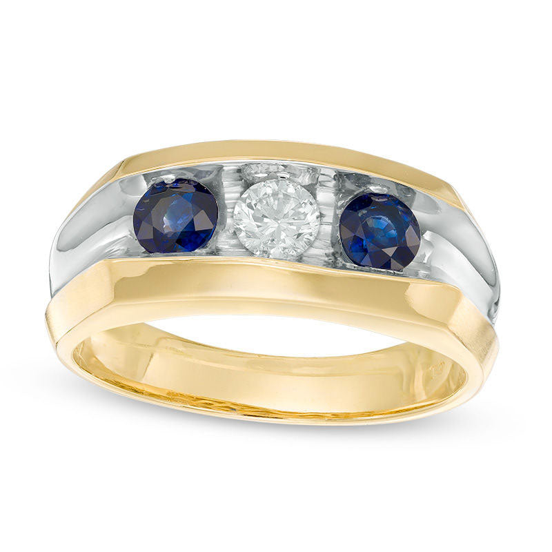 Men's Blue Sapphire and 0.33 CT. Natural Diamond Three-Stone Ring in Solid 10K Yellow Gold