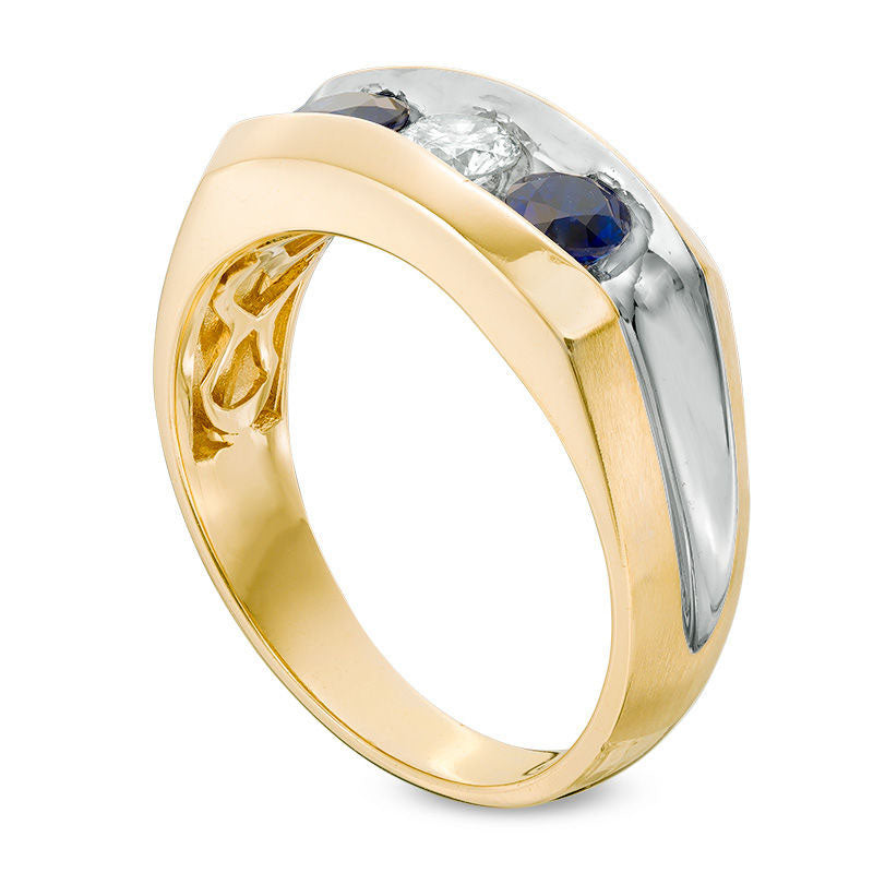 Men's Blue Sapphire and 0.33 CT. Natural Diamond Three-Stone Ring in Solid 10K Yellow Gold
