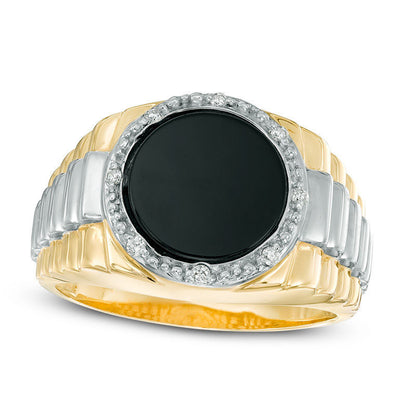 Men's Onyx and Natural Diamond Accent Frame Stepped Shank Signet Style Ring in Solid 10K Two-Tone Gold