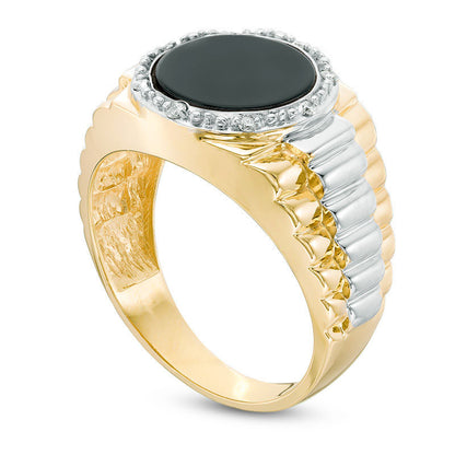 Men's Onyx and Natural Diamond Accent Frame Stepped Shank Signet Style Ring in Solid 10K Two-Tone Gold