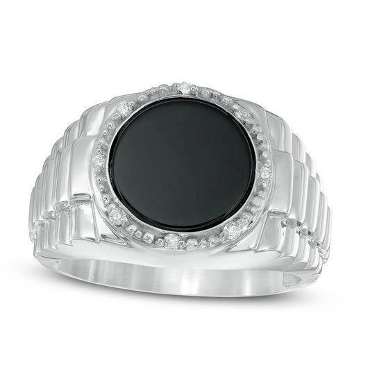 Men's Onyx and Natural Diamond Accent Stepped Shank Signet Style Ring in Solid 10K White Gold