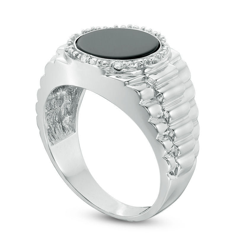 Men's Onyx and Natural Diamond Accent Stepped Shank Signet Style Ring in Solid 10K White Gold