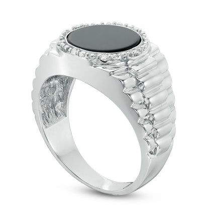 Men's Onyx and Natural Diamond Accent Stepped Shank Signet Style Ring in Solid 10K White Gold