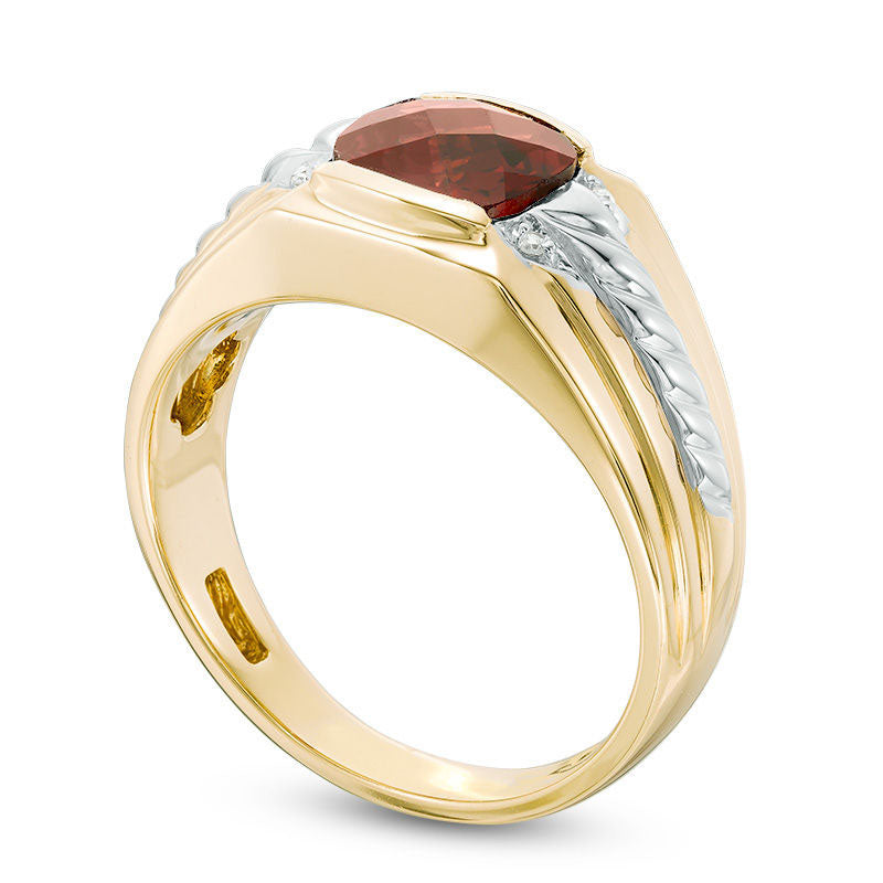 Men's 8.0mm Cushion-Cut Garnet and Natural Diamond Accent Comfort Fit Ring in Solid 10K Yellow Gold