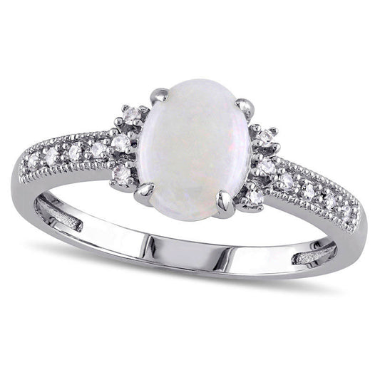 Oval Opal and Natural Diamond Accent Antique Vintage-Style Ring in Solid 10K White Gold