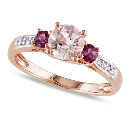 6.0mm Morganite, Pink Tourmaline and Natural Diamond Accent Three Stone Ring in Solid 10K Rose Gold