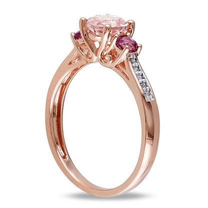 6.0mm Morganite, Pink Tourmaline and Natural Diamond Accent Three Stone Ring in Solid 10K Rose Gold