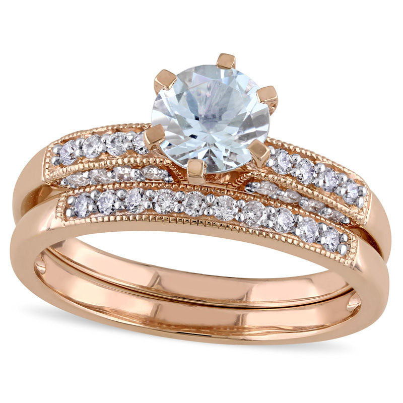 6.0mm Aquamarine and 0.33 CT. T.W. Natural Diamond Antique Vintage-Style Bridal Engagement Ring Set in Solid 10K Rose Gold