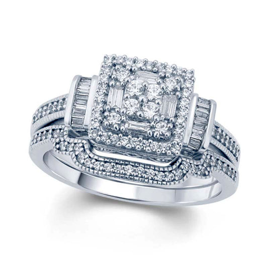 0.50 CT. T.W. Baguette and Round Composite Natural Diamond Square Frame Bridal Engagement Ring Set in Solid 10K White Gold